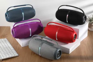 Portable wireless bluetooth speaker with handle, colorful LED lights and deep bass sound.