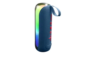 Haut-parleur Bluetooth portable avec lumière LED vibrante, tissu bleu et lanière pratique.