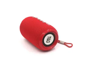 Portable red wireless Bluetooth speaker with fabric mesh and carrying cord for outdoor use