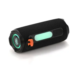 Portable outdoor bluetooth speaker detail showing RGB light and black mesh fabric design.