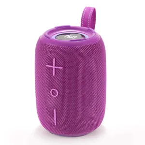 Vue détaillée d'un haut-parleur Bluetooth sans fil violet portable avec sangle et boutons.