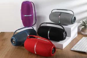 Outdoor portable wireless Bluetooth speaker detail view showcasing multi-color display and design.