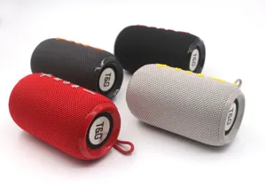 Portable wireless outdoor waterproof Bluetooth speaker with fabric mesh and TWS stereo sound.