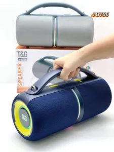 Portable wireless bluetooth speaker with deep bass, RGB lights and carry strap for outdoor use.