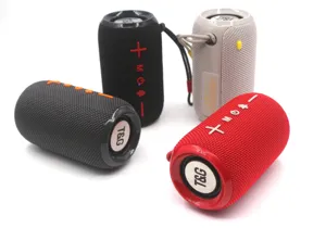 Portable waterproof wireless bluetooth speaker, detail view of colorful mini outdoor audio.