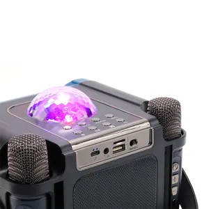 Portable wireless bluetooth karaoke speaker detail, featuring colorful LED lights and buttons
