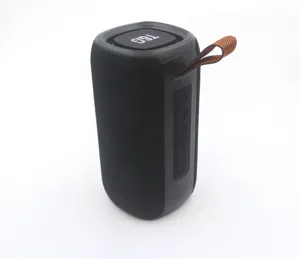 Portable Bluetooth speaker with mesh fabric design, deep bass sound and handy orange lanyard.