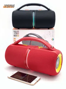 Portable outdoor Bluetooth speaker with powerful bass, handle design and vibrant LED lights.