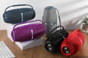 Portable wireless bluetooth speaker detail view showing colorful mesh fabric and LED lights.