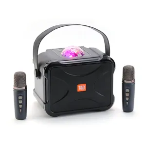 Portable wireless Bluetooth speaker with dual microphones and colorful disco light for karaoke.
