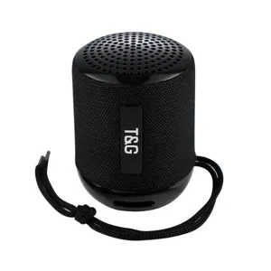 Mini altoparlante Bluetooth senza fili dettaglio, design cilindrico nero con comodo laccetto.