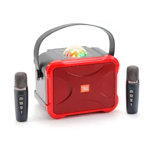 Portable wireless bluetooth karaoke speaker system with dual microphones and colorful disco lights.