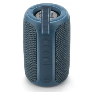 Tragbarer blauer kabelloser Bluetooth-Lautsprecher mit Stoffgewebe und praktischen Tasten.