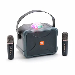 Portable wireless bluetooth karaoke speaker with dual microphones and colorful disco lights.
