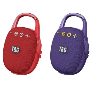 Tragbarer Outdoor Bluetooth Lautsprecher mit Karabiner Design, kabelloser Sound, rot und lila.