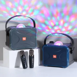 Portable wireless bluetooth karaoke speaker set with dual mics and vibrant disco lighting.