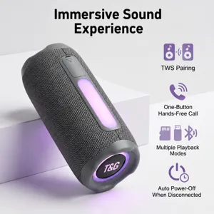 Cylindrical Bluetooth speaker detail with colorful ambient light and fabric mesh finish.