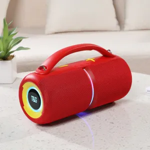 Portable Bluetooth speaker wireless outdoor red stereo heavy bass with handle and colorful lights.
