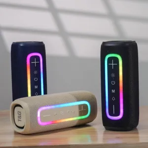 Portable wireless Bluetooth speaker with colorful LED lights, deep bass, and compact design.