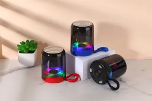 Portable wireless Bluetooth speaker detail view featuring transparent shell and vibrant RGB lights.