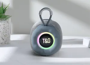 Portable mini outdoor bluetooth speaker with TWS function and colorful LED light details.