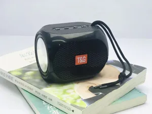Tragbarer kabelloser Bluetooth-Lautsprecher Detailansicht mit Stoffgitter, Tasten und Riemen.