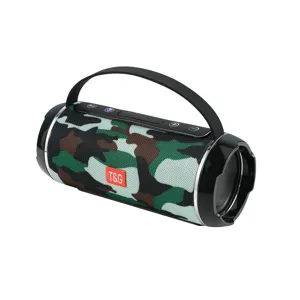 Detailansicht tragbarer kabelloser Bluetooth-Lautsprecher im Camo-Design mit Griff und Tasten.