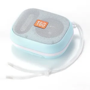 Portable Bluetooth speaker detail view, pastel blue waterproof design with white lanyard.