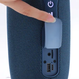 Portable Bluetooth speaker interface detail, showing TF card slot, USB and Type-C ports clearly.