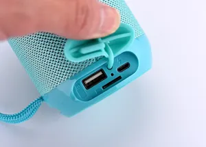 Portable bluetooth speaker detail view showing charging ports and TF card slot for outdoor use.