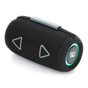 Tragbarer zylindrischer Outdoor Bluetooth Lautsprecher mit RGB Beleuchtung und Tragegurt schwarz.