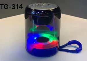 Portable Bluetooth speaker with transparent shell, colorful LED lights and convenient hanging strap.