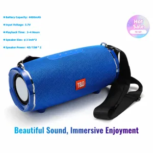 Portable wireless Bluetooth speaker with heavy bass, dual drivers and strap for outdoor use.