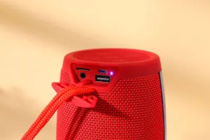 Vue détaillée du haut-parleur Bluetooth sans fil rouge avec tissu maillé et ports de connexion.