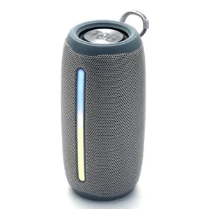 Portable bluetooth speaker with LED light, grey mesh fabric design, outdoor wireless audio.