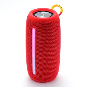 Portable Bluetooth speaker with vibrant vertical light, red mesh fabric and handy hanging strap.