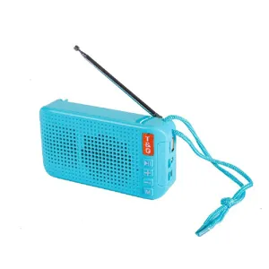 Tragbarer kabelloser Bluetooth-Lautsprecher mit FM-Radioantenne und Umhängeband in Cyan.