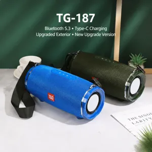Portable bluetooth speaker with fabric mesh design, deep bass dual diaphragms, and strap.