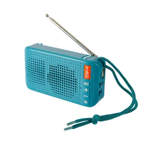 Detailansicht des tragbaren Bluetooth-Lautsprechers mit Antenne in tealblauem Gehäuse.