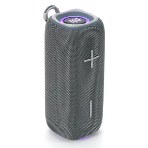 Tragbarer kabelloser Bluetooth-Lautsprecher mit Stoffnetz, RGB-Lichtern und starkem Bass.