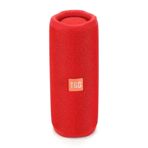 Portable wireless bluetooth speaker in red cylindrical fabric design for outdoor audio.