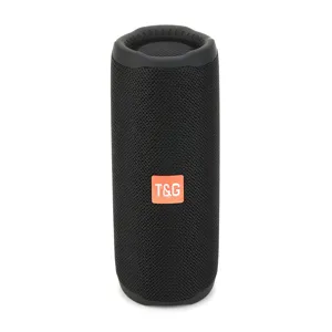 Detailed shot of portable black bluetooth speaker with fabric mesh and T&G logo.