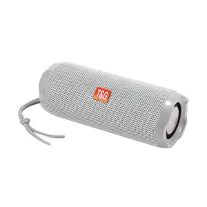 Nahaufnahme des tragbaren kabellosen Bluetooth-Lautsprechers mit Stoffnetz und Markendetail.