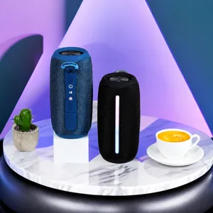 Portable wireless Bluetooth speaker with outdoor strap, deep bass, and stereo sound design.