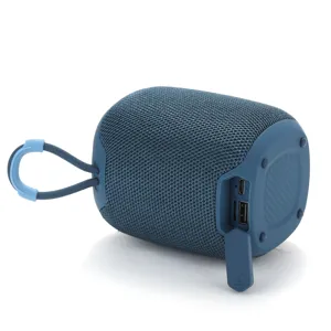 Portable blue bluetooth speaker with fabric mesh design, wireless audio and convenient strap.