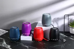 Vista dettagliata dell'altoparlante Bluetooth portatile senza fili con mini dispositivi colorati.