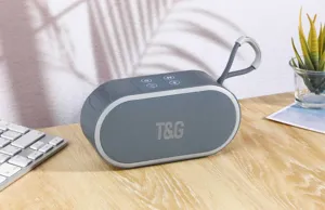 Detaillierte Nahaufnahme des tragbaren kabellosen Bluetooth-Lautsprechers in Grau.