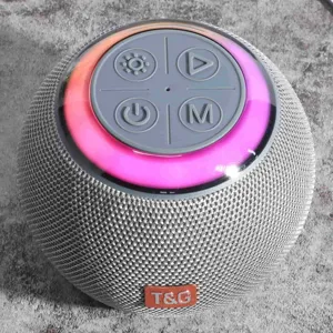 Spherical portable bluetooth speaker with colorful RGB lights, fabric mesh and control panel.
