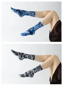 Tie-dye long yoga pilates socks with grip dots and stylish letter print for fitness and dance.