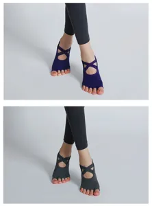 Five toe yoga socks with cross straps open toe design for pilates fitness exercise wear.